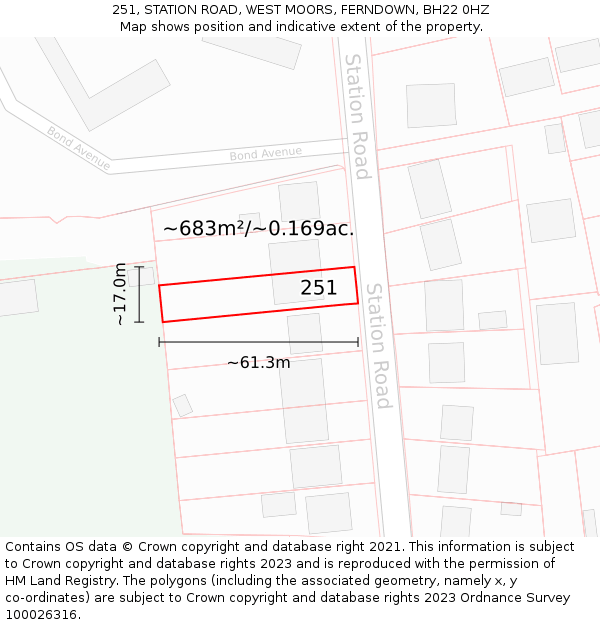 251, STATION ROAD, WEST MOORS, FERNDOWN, BH22 0HZ: Plot and title map