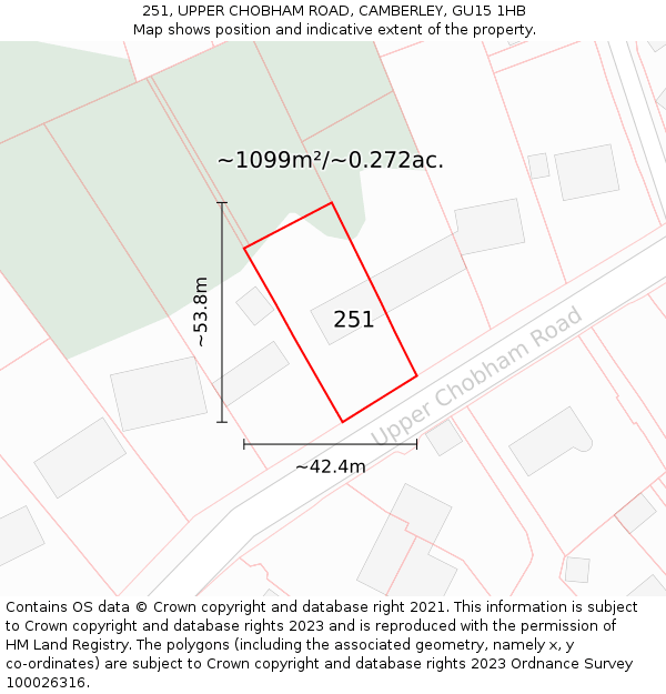 251, UPPER CHOBHAM ROAD, CAMBERLEY, GU15 1HB: Plot and title map