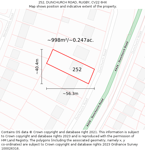 252, DUNCHURCH ROAD, RUGBY, CV22 6HX: Plot and title map