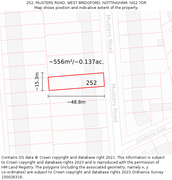 252, MUSTERS ROAD, WEST BRIDGFORD, NOTTINGHAM, NG2 7DR: Plot and title map