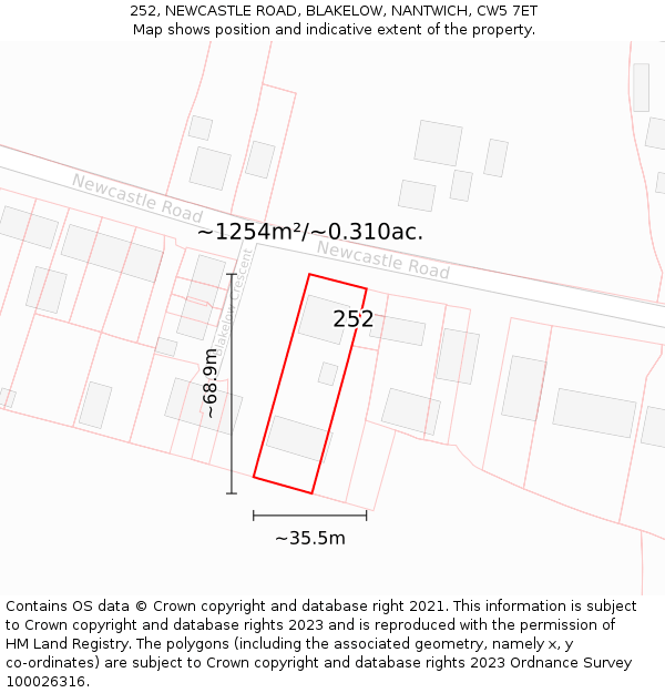 252, NEWCASTLE ROAD, BLAKELOW, NANTWICH, CW5 7ET: Plot and title map