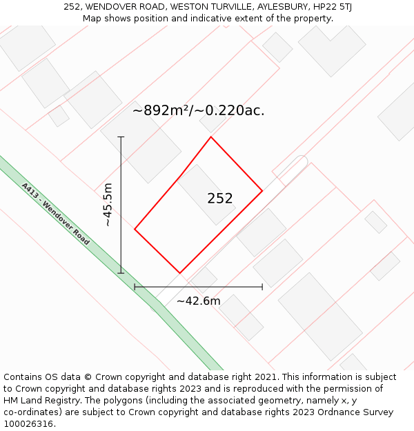 252, WENDOVER ROAD, WESTON TURVILLE, AYLESBURY, HP22 5TJ: Plot and title map