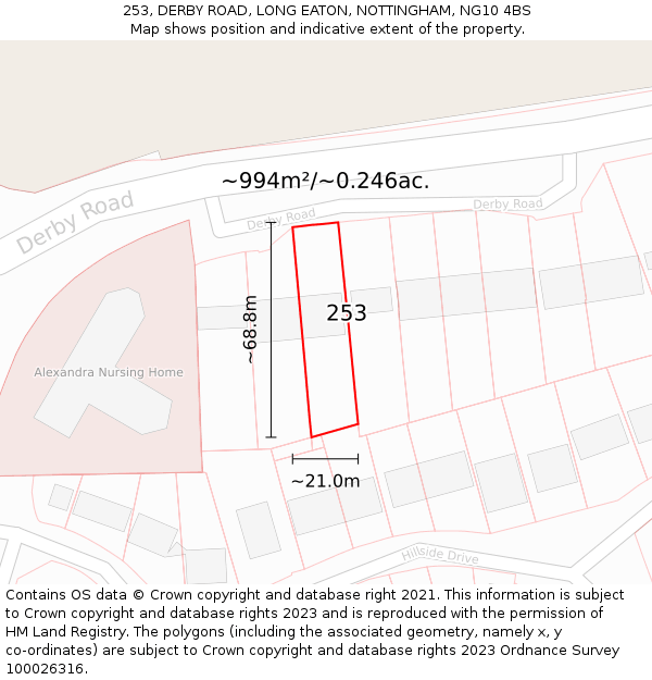 253, DERBY ROAD, LONG EATON, NOTTINGHAM, NG10 4BS: Plot and title map