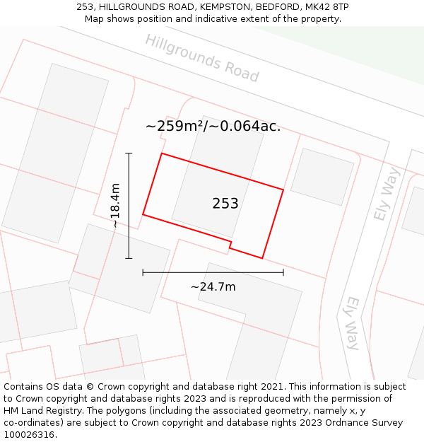 253, HILLGROUNDS ROAD, KEMPSTON, BEDFORD, MK42 8TP: Plot and title map