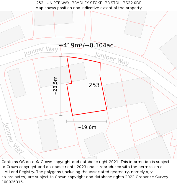 253, JUNIPER WAY, BRADLEY STOKE, BRISTOL, BS32 0DP: Plot and title map