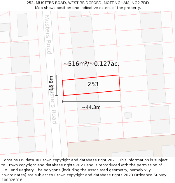 253, MUSTERS ROAD, WEST BRIDGFORD, NOTTINGHAM, NG2 7DD: Plot and title map