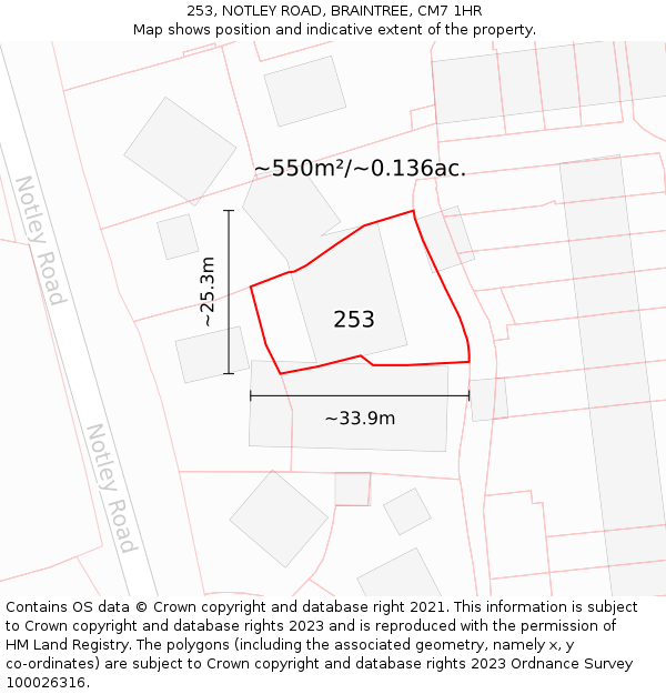 253, NOTLEY ROAD, BRAINTREE, CM7 1HR: Plot and title map