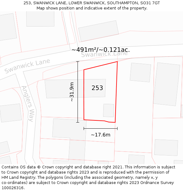 253, SWANWICK LANE, LOWER SWANWICK, SOUTHAMPTON, SO31 7GT: Plot and title map