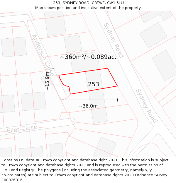 253, SYDNEY ROAD, CREWE, CW1 5LU: Plot and title map