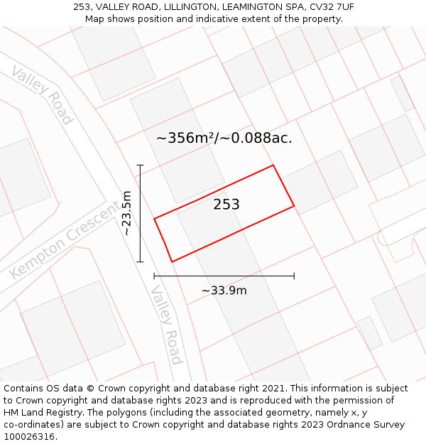 253, VALLEY ROAD, LILLINGTON, LEAMINGTON SPA, CV32 7UF: Plot and title map