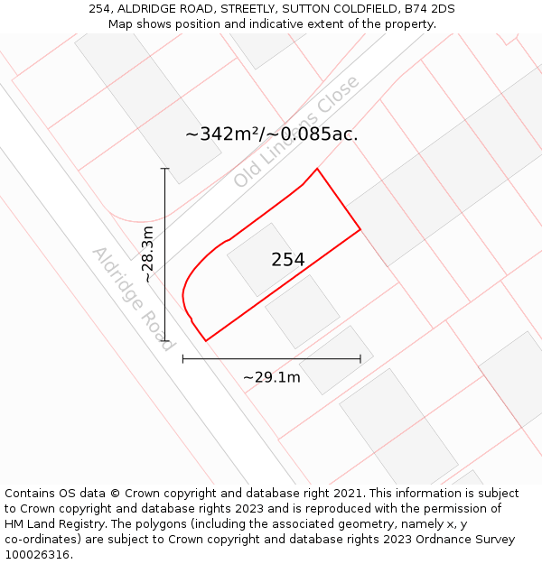 254, ALDRIDGE ROAD, STREETLY, SUTTON COLDFIELD, B74 2DS: Plot and title map