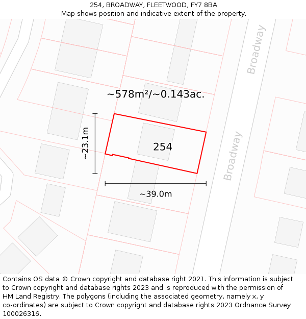 254, BROADWAY, FLEETWOOD, FY7 8BA: Plot and title map