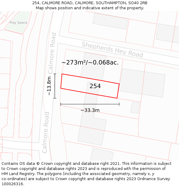 254, CALMORE ROAD, CALMORE, SOUTHAMPTON, SO40 2RB: Plot and title map