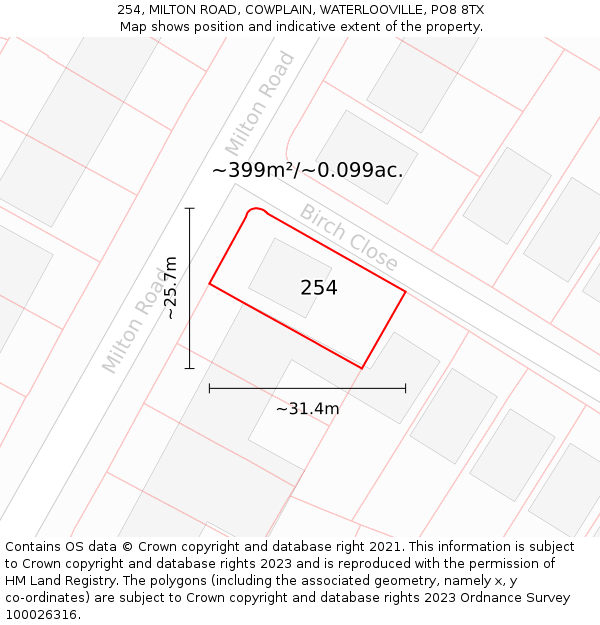 254, MILTON ROAD, COWPLAIN, WATERLOOVILLE, PO8 8TX: Plot and title map