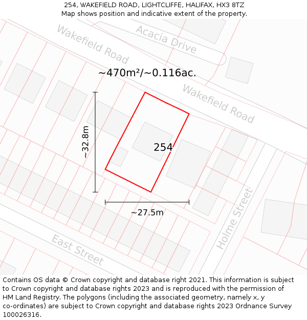 254, WAKEFIELD ROAD, LIGHTCLIFFE, HALIFAX, HX3 8TZ: Plot and title map