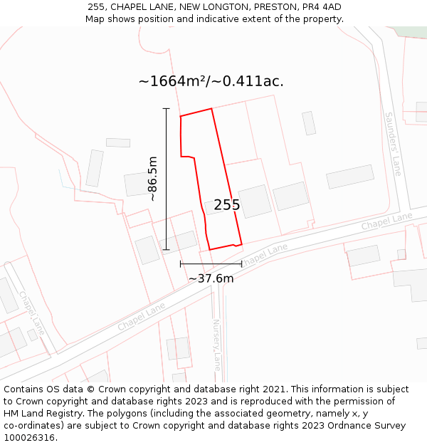 255, CHAPEL LANE, NEW LONGTON, PRESTON, PR4 4AD: Plot and title map