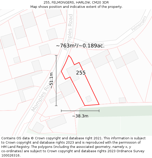 255, FELMONGERS, HARLOW, CM20 3DR: Plot and title map