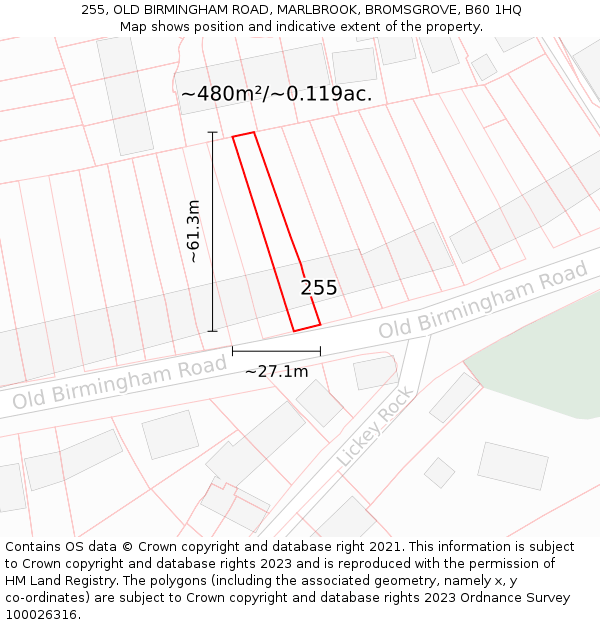 255, OLD BIRMINGHAM ROAD, MARLBROOK, BROMSGROVE, B60 1HQ: Plot and title map