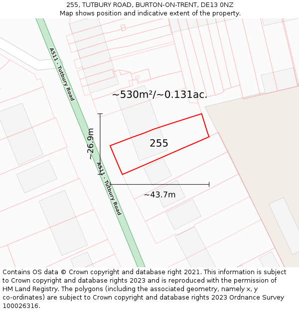 255, TUTBURY ROAD, BURTON-ON-TRENT, DE13 0NZ: Plot and title map