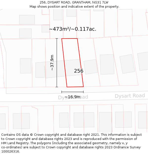 256, DYSART ROAD, GRANTHAM, NG31 7LW: Plot and title map