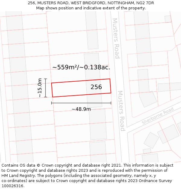 256, MUSTERS ROAD, WEST BRIDGFORD, NOTTINGHAM, NG2 7DR: Plot and title map