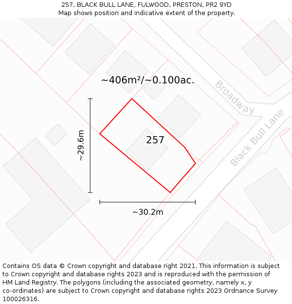 257, BLACK BULL LANE, FULWOOD, PRESTON, PR2 9YD: Plot and title map