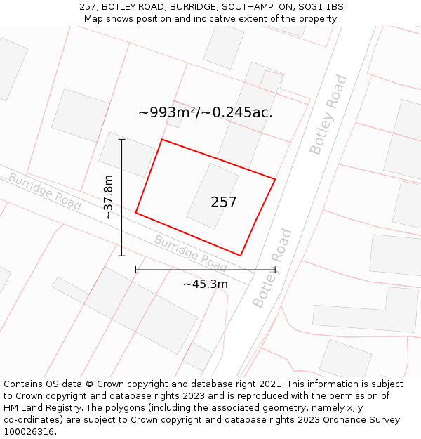 257, BOTLEY ROAD, BURRIDGE, SOUTHAMPTON, SO31 1BS: Plot and title map