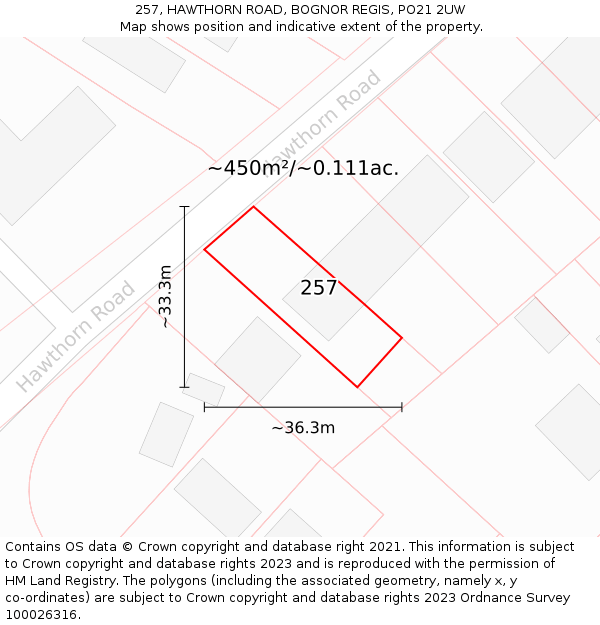 257, HAWTHORN ROAD, BOGNOR REGIS, PO21 2UW: Plot and title map