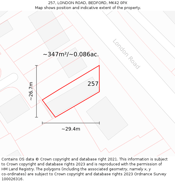 257, LONDON ROAD, BEDFORD, MK42 0PX: Plot and title map