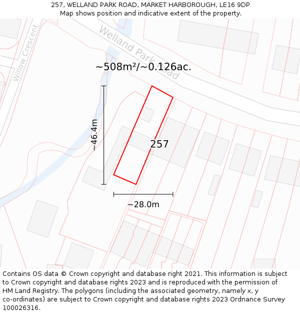 257, WELLAND PARK ROAD, MARKET HARBOROUGH, LE16 9DP: Plot and title map