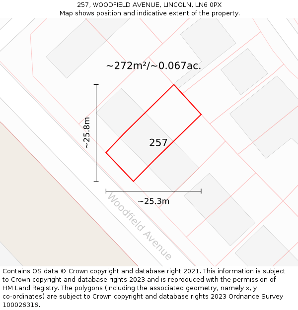 257, WOODFIELD AVENUE, LINCOLN, LN6 0PX: Plot and title map