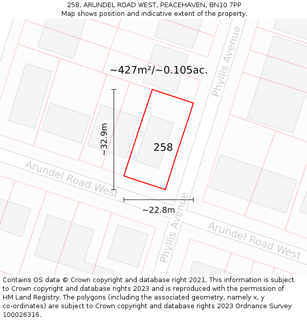 258, ARUNDEL ROAD WEST, PEACEHAVEN, BN10 7PP: Plot and title map