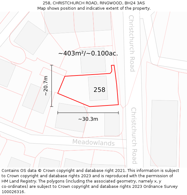 258, CHRISTCHURCH ROAD, RINGWOOD, BH24 3AS: Plot and title map