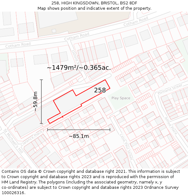 258, HIGH KINGSDOWN, BRISTOL, BS2 8DF: Plot and title map