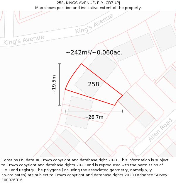 258, KINGS AVENUE, ELY, CB7 4PJ: Plot and title map