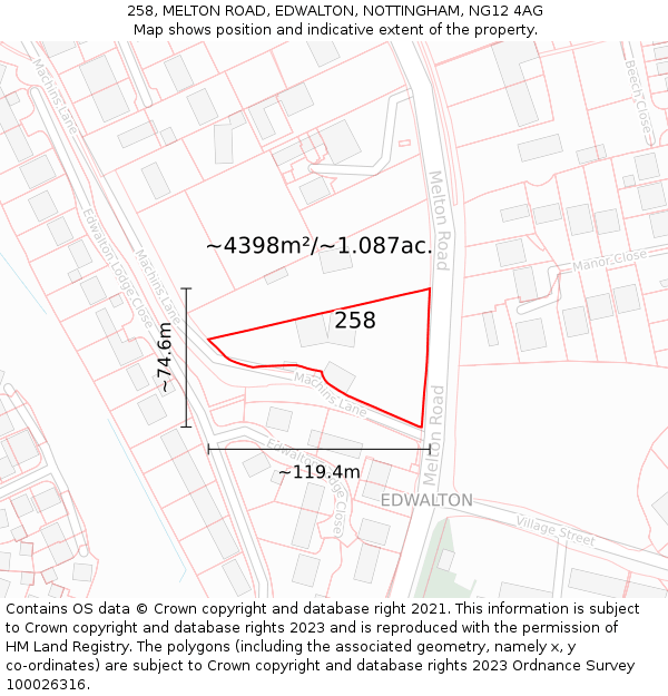 258, MELTON ROAD, EDWALTON, NOTTINGHAM, NG12 4AG: Plot and title map