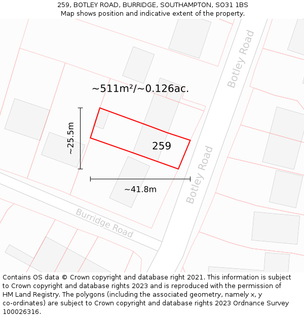 259, BOTLEY ROAD, BURRIDGE, SOUTHAMPTON, SO31 1BS: Plot and title map