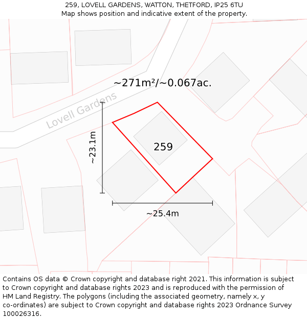 259, LOVELL GARDENS, WATTON, THETFORD, IP25 6TU: Plot and title map