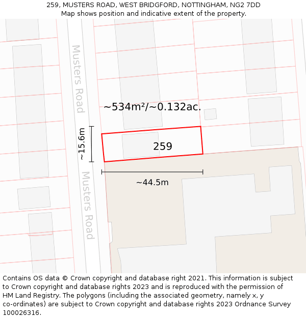 259, MUSTERS ROAD, WEST BRIDGFORD, NOTTINGHAM, NG2 7DD: Plot and title map