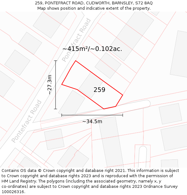 259, PONTEFRACT ROAD, CUDWORTH, BARNSLEY, S72 8AQ: Plot and title map
