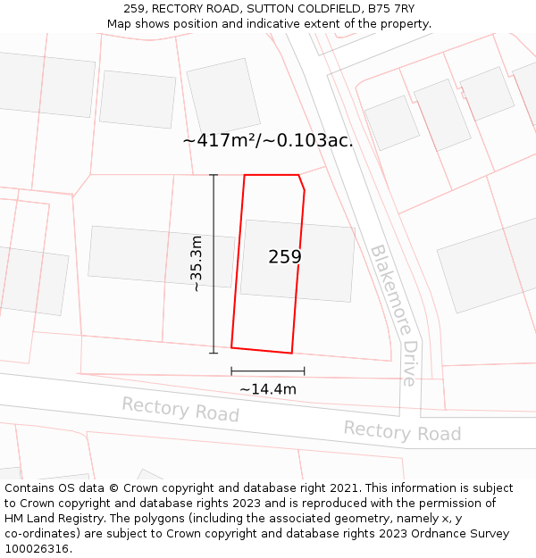 259, RECTORY ROAD, SUTTON COLDFIELD, B75 7RY: Plot and title map