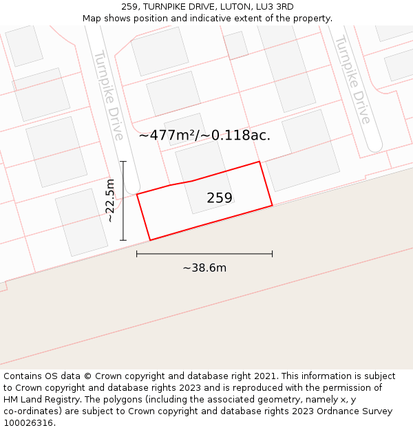 259, TURNPIKE DRIVE, LUTON, LU3 3RD: Plot and title map