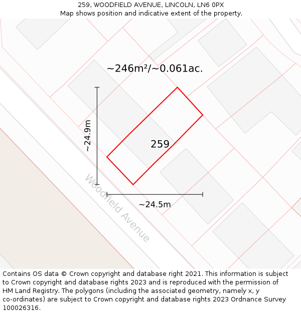 259, WOODFIELD AVENUE, LINCOLN, LN6 0PX: Plot and title map