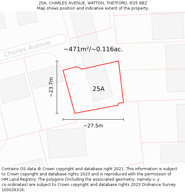 25A, CHARLES AVENUE, WATTON, THETFORD, IP25 6BZ: Plot and title map