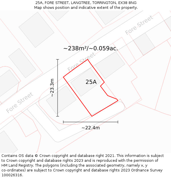 25A, FORE STREET, LANGTREE, TORRINGTON, EX38 8NG: Plot and title map