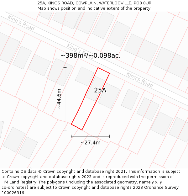 25A, KINGS ROAD, COWPLAIN, WATERLOOVILLE, PO8 8UR: Plot and title map