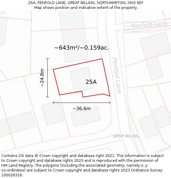 25A, PENFOLD LANE, GREAT BILLING, NORTHAMPTON, NN3 9EF: Plot and title map