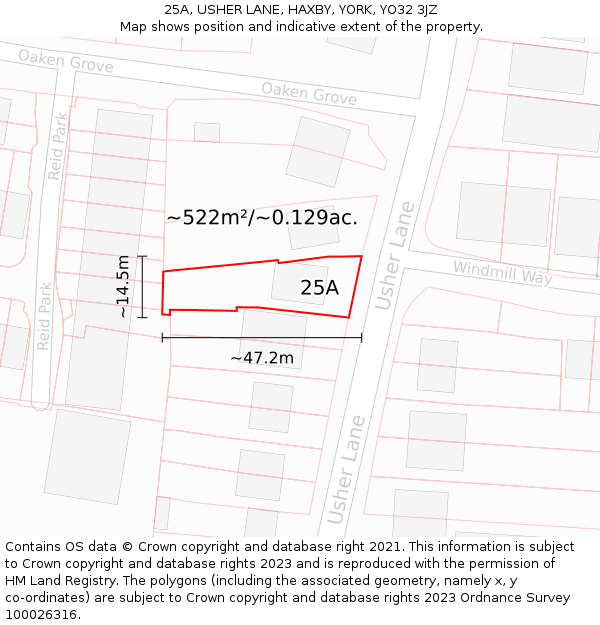 25A, USHER LANE, HAXBY, YORK, YO32 3JZ: Plot and title map