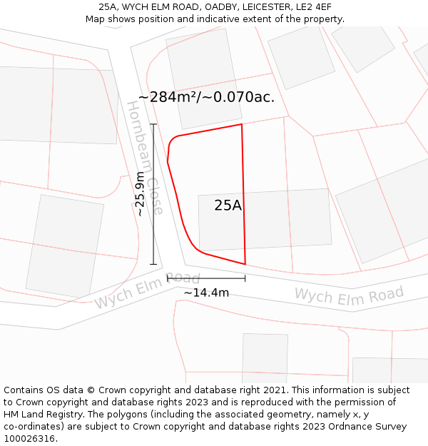 25A, WYCH ELM ROAD, OADBY, LEICESTER, LE2 4EF: Plot and title map