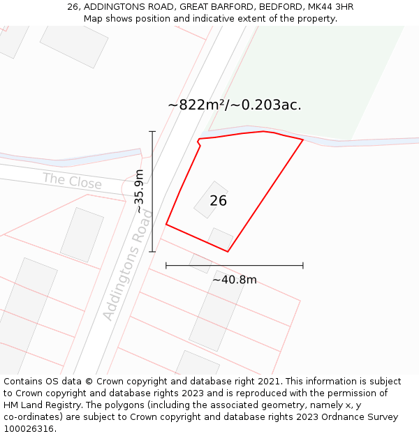 26, ADDINGTONS ROAD, GREAT BARFORD, BEDFORD, MK44 3HR: Plot and title map